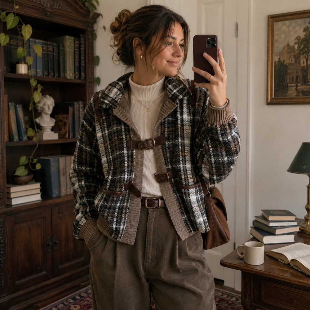 Free People Plaid Knit Toggle Cardigan Jacket Brown Cream Dark Academia Size M